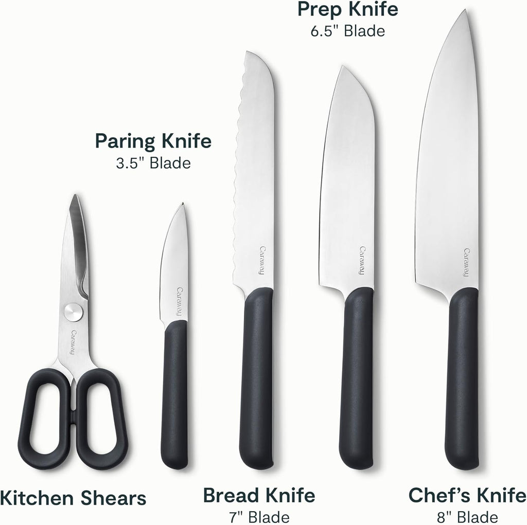 Caraway 14-Piece Kitchen Prep Set - Kitchen Knife Set & Wooden Utensil Set - Made With Premium German Steel Blades & FSC-Certified Birch Wood - Non-Toxic Materials - Includes Organizer - Charcoal