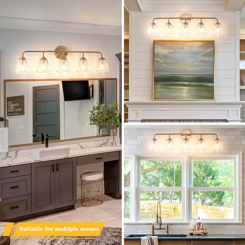 Daunton 5-Light Vintage Vanity Light, Brushed Brass Vanity Lighting, Elegant Bathroom Lighting Fixtures Over Mirror, Bathroom Vanity Light with Clear Glass Shade, Gold Wall Sconce for Bedroom