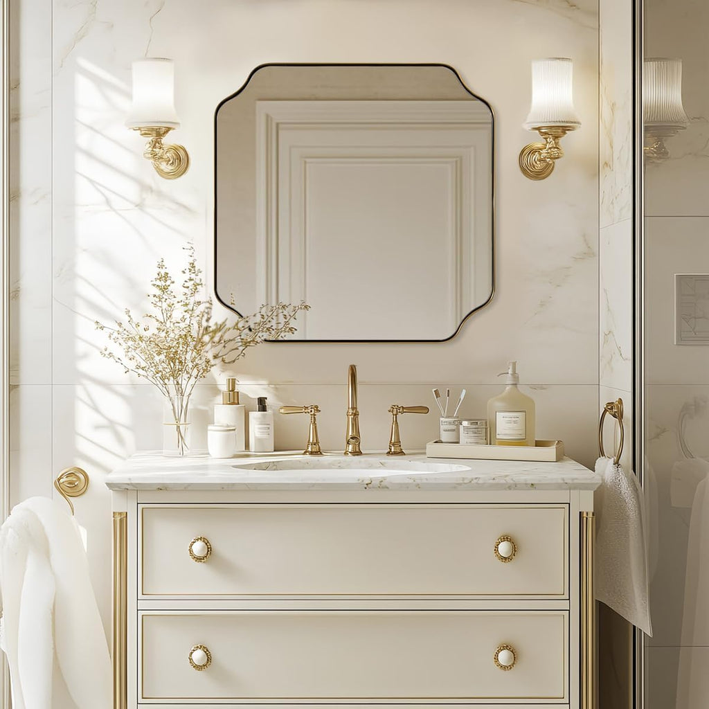 ANDY STAR Square Gold Vanity Mirrors, 24'x24' Brushed Brass Scalloped Bathroom Mirror, Antique Wall Mirror with Anti-Rust Stainless Steel Frame, Rounded Notched Corner Design Ideal for Home Deocr