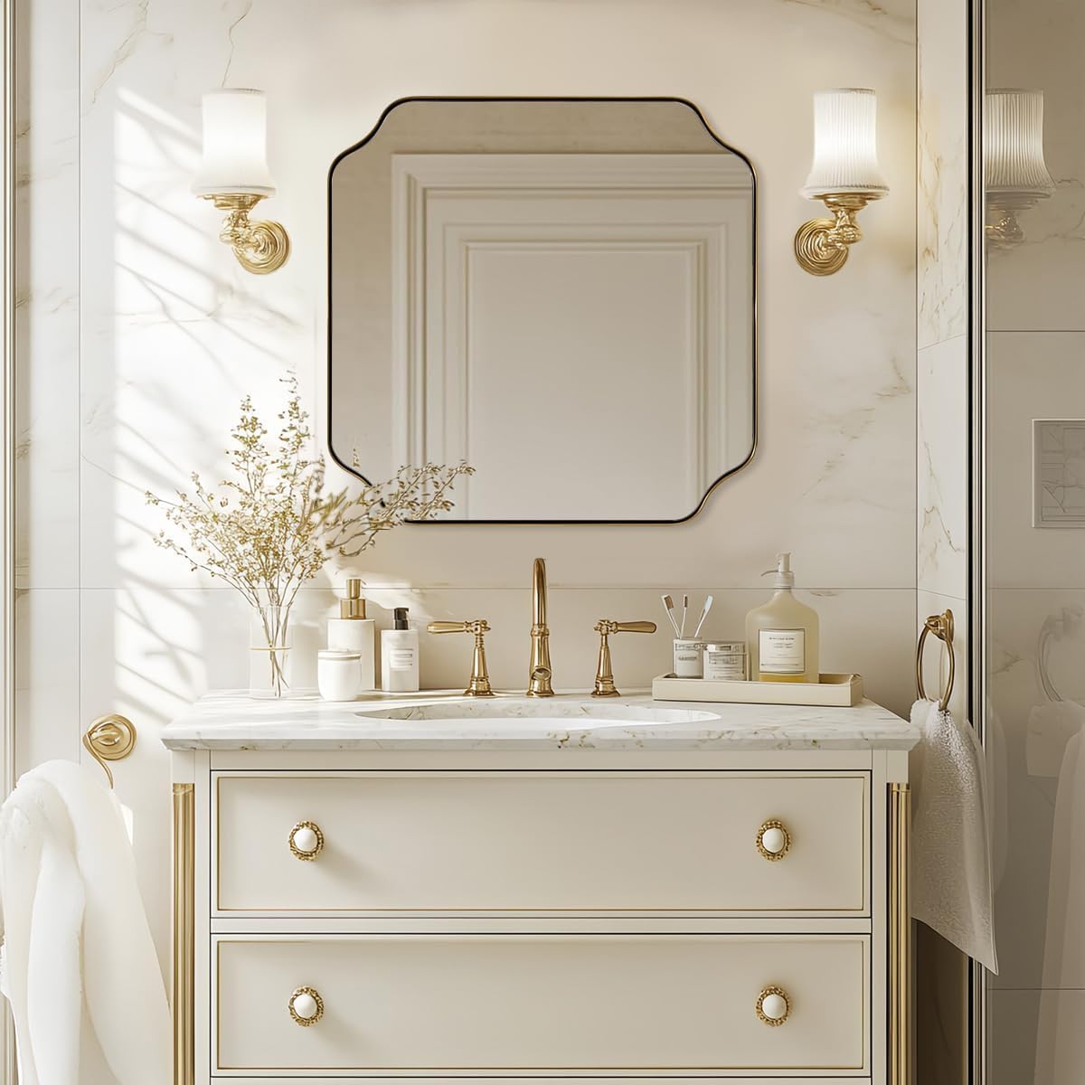 ANDY STAR Square Gold Vanity Mirrors, 24'x24' Brushed Brass Scalloped Bathroom Mirror, Antique Wall Mirror with Anti-Rust Stainless Steel Frame, Rounded Notched Corner Design Ideal for Home Deocr