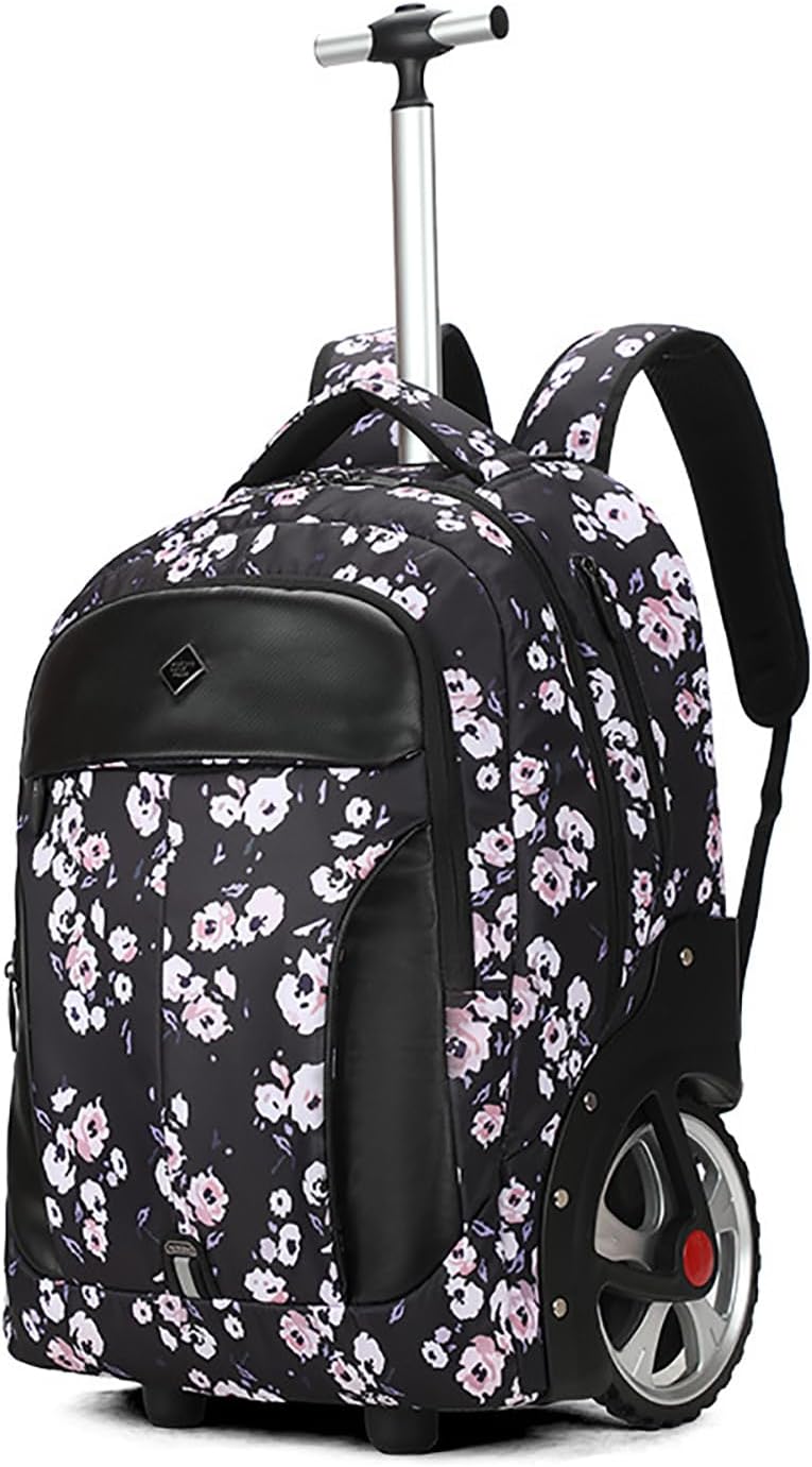 WMHYLYH 22 Inch Rolling Backpack, Waterproof Backpack with Wheels for Business and Travel Commuter, Carry on Laptop Backpack for Women and Men Adult (black-flower)
