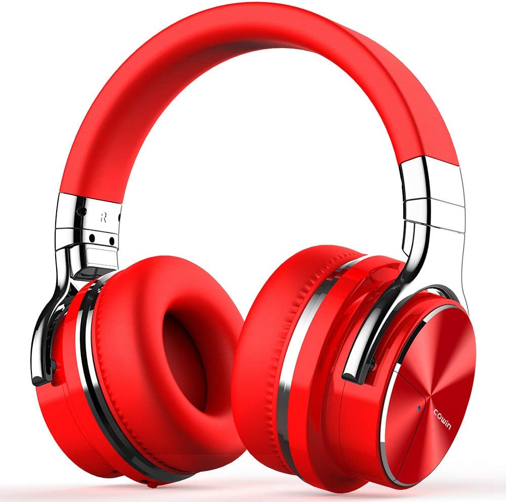 ANC Active Noise Cancelling Wireless Bluetooth Over-Ear Headphones with Mic Hi-Fi Stereo Deep Bass Foldable On-Ear Headsets, 30H Playtime, for Sports/TV/Work,Red