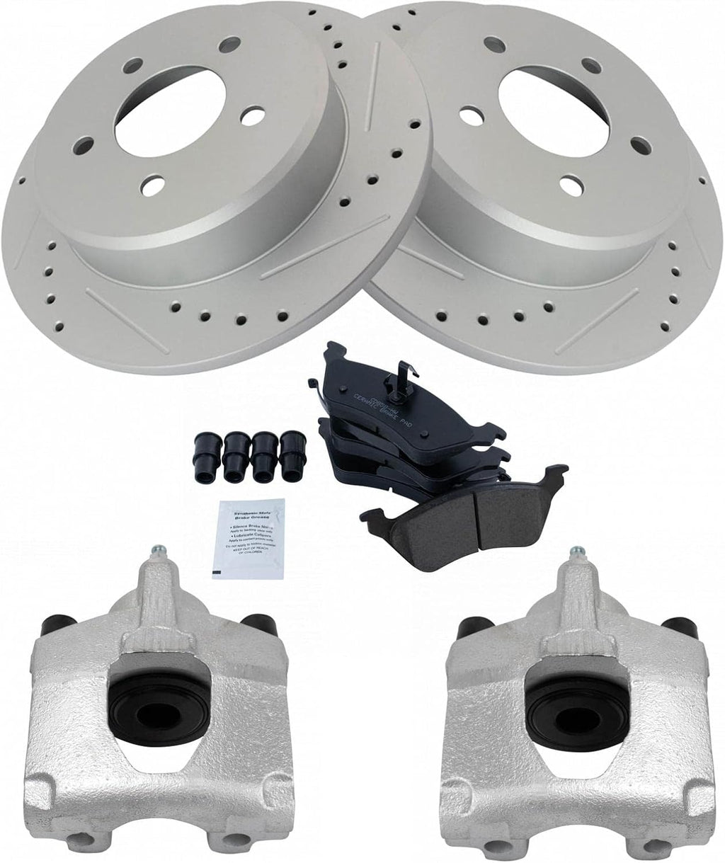 TRQ Performance Rear Brake Pad and Rotor Set Ceramic Coated Drilled Slotted Vented Rotors Calipers Compatible with 2001-2007 Chrysler Town & Country Dodge Caravan Grand Caravan