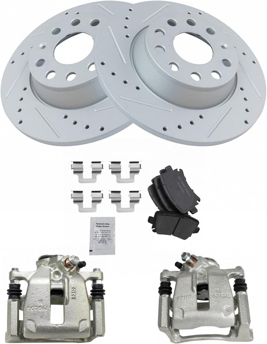 TRQ Performance Rear Brake Pad and Rotor Set Ceramic Drilled Slotted Coated Rotors Calipers Compatible with 2009-2016 Volkswagen CC 2009-2017 Tiguan 2010 Volkswagen Passat 2018 Tiguan Limited