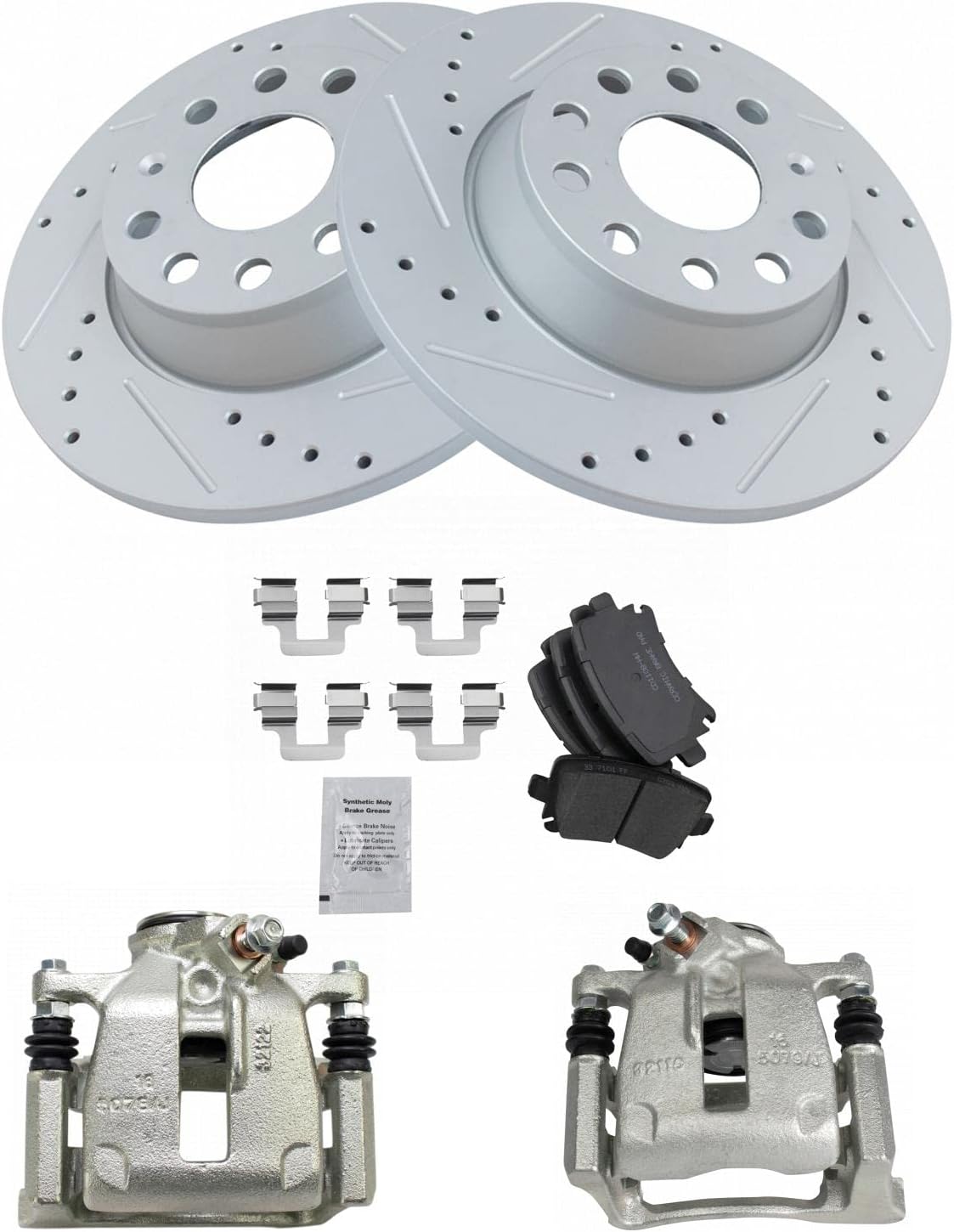 TRQ Performance Rear Brake Pad and Rotor Set Ceramic Drilled Slotted Coated Rotors Calipers Compatible with 2009-2016 Volkswagen CC 2009-2017 Tiguan 2010 Volkswagen Passat 2018 Tiguan Limited