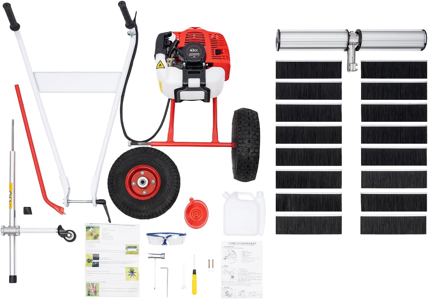 Outdoor Walk Behind Sweeping Gas Power Broom, 1.7HP 43CC Powerful Device with 2-Stroke Petrol Engine for Clean Driveways and Sidewalks, Parks and Other Flat Surfaces,Air-Cooled System