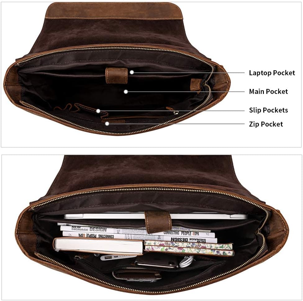 Kattee Men's Leather Satchel Briefcase, 15.6' Laptop Messenger Shoulder Bag Tote