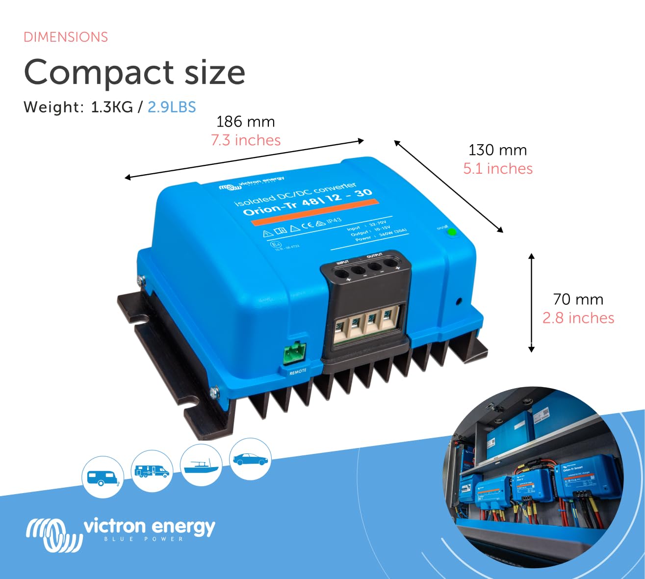 Victron Energy Orion-Tr DC to DC Converter - 48/12-Volt 30 amp 360-Watt - IP43 Protected - for Dual Battery Systems - Isolated