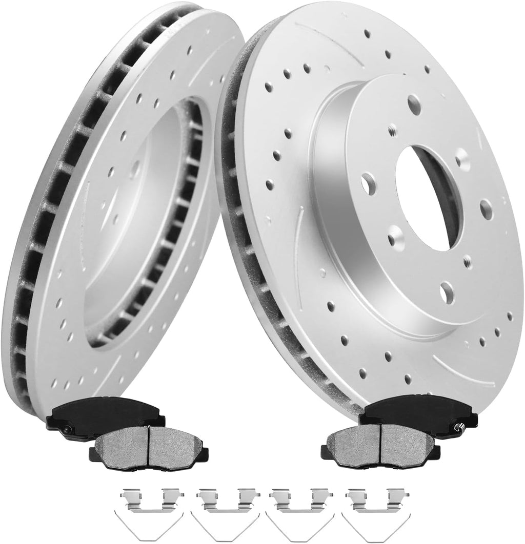 MOTOREVO Front Geomet Coated Brake Rotors Kit Civic [ 1990-2000 ] [ONLY for 239.8mm 9.4in, NOT 10.3in] [1990-2000 LX/DX, 1990-1995 Si] High-Carbon Alloy Drilled & Slotted Vented Discs & Ceramic Pads