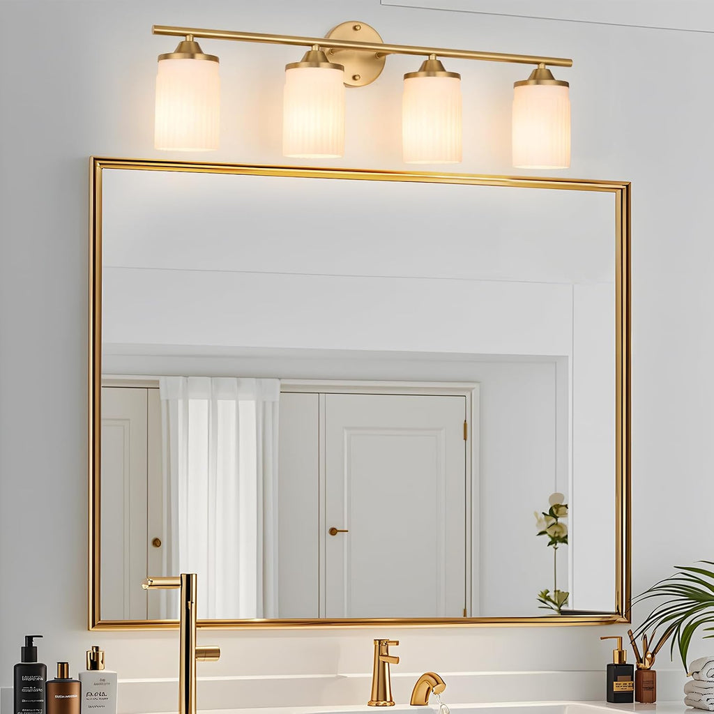 Jonsi Gold Bathroom Light Fixtures 4-Light Vanity Lights Modern Wall Sconce with Milk White Shade Brushed Brass Bathroom Light Fixture Over Mirror for Bedroom Hallway Kitchen