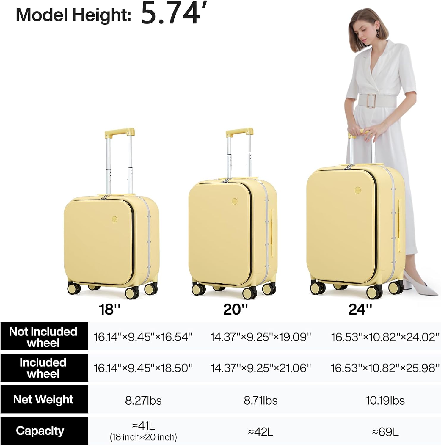 mixi Carry On Luggage, 20'' Suitcase with Front Pocket, Travel Rolling Luggage Aluminum Frame PC Hardside with Spinner Wheels & TSA Lock and Cover - Lark Yellow