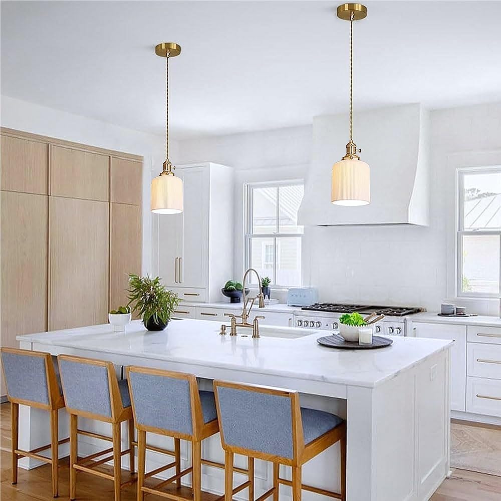 Modern White Opal Glass Pendant Light, Nordic Vintage Adjustable Hanging Lamp with Brushed Brass Finish, Ceiling Fixture for Kitchen Island Bathroom Bedroom Dining Room(5.5')