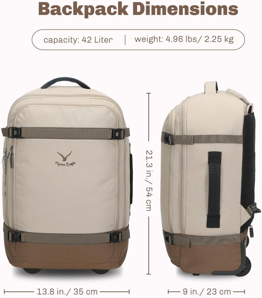 Hynes Eagle Rolling Backpack 42L Backpack with Wheels Airline Approved Carry on Luggage Laptop Travel Suitcase Bag for Women Men Khaki