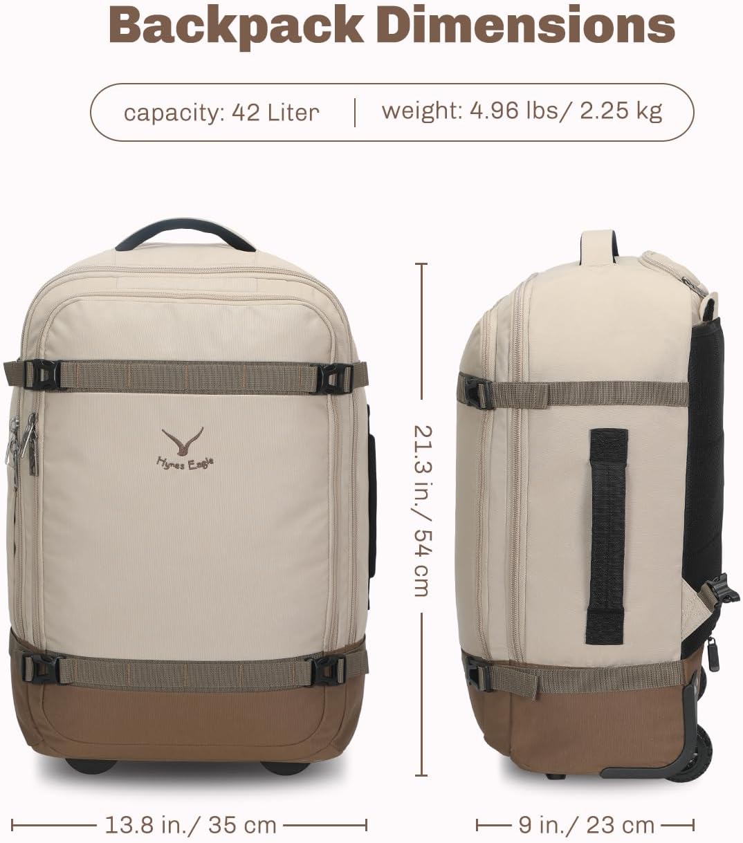 Hynes Eagle Rolling Backpack 42L Backpack with Wheels Airline Approved Carry on Luggage Laptop Travel Suitcase Bag for Women Men Khaki