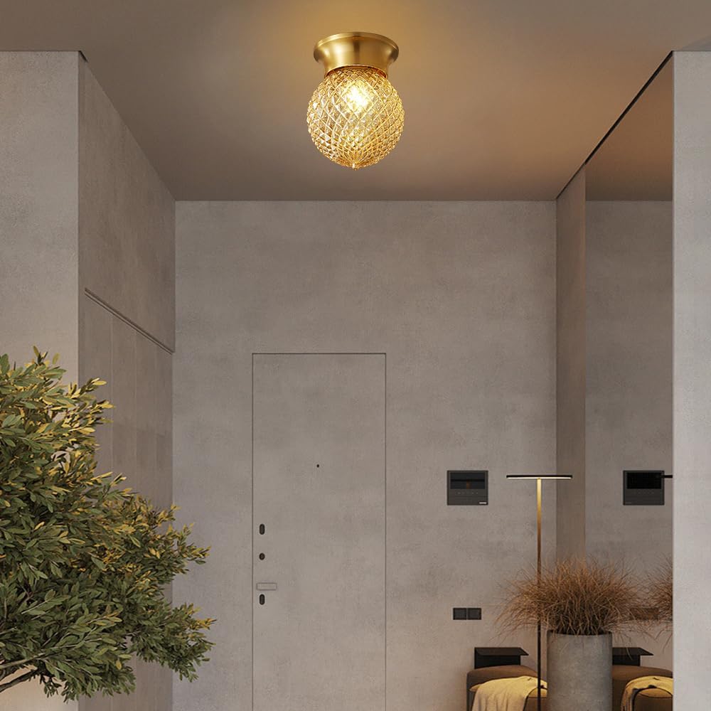 Ceiling Lights Modern Brass Flush Mount Ceiling Light Fixture with Textured Glass Globe Shade Base Gold Tone Hallway Entryway Balcony Lamp for Small Spaces Decor(A)