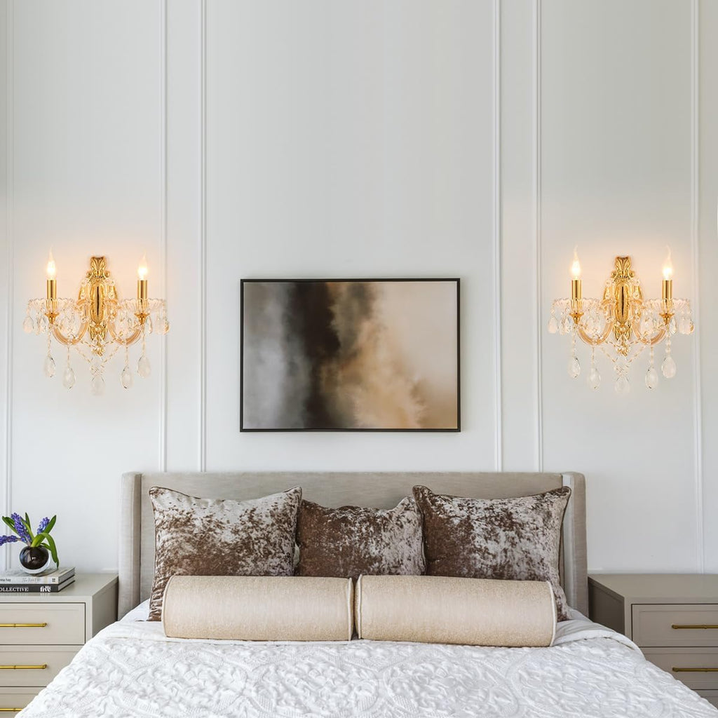 YLONG-ZS Gold Crystal Sconces Set of 2, Crystal Wall Chandelier Sconces Modern, Wall Mount Lamps Bedside, Wall Lamp Gold Wall Light for Bedroom, Living Room,Bathroom,Restrant,Hallway