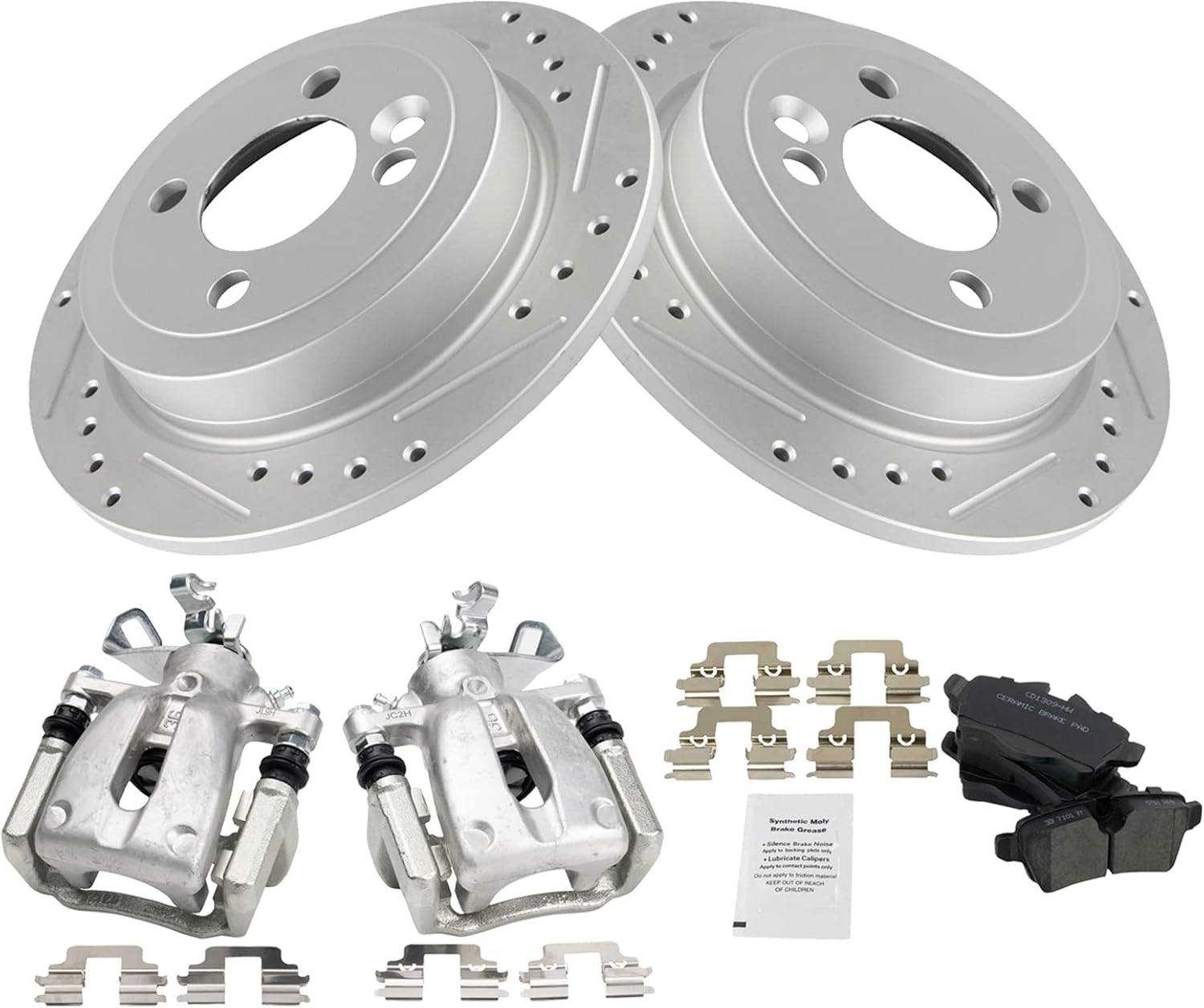 TRQ Performance Rear Brake Pad and Rotor Set Ceramic Slotted Drilled Coated Rotors Calipers Compatible with 2009-2013 Mini Cooper