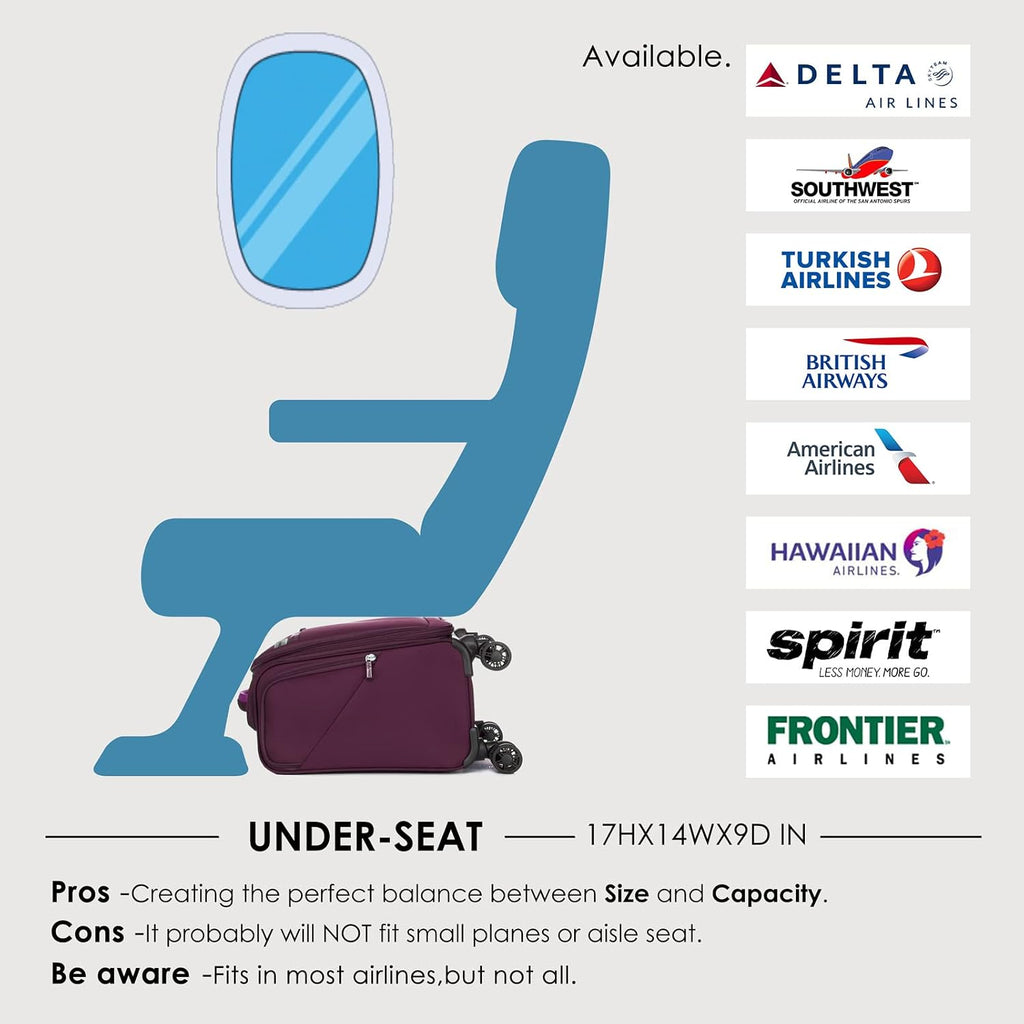 Verage Carry On Underseat Luggage with Wheels & USB Port, 14 Inch Wheeled Spinner Bag Carry-on Luggages for Airlines, Lightweight Suitcase Men Women, Pilots and Crew (14.5-Inch Plus Underseat)