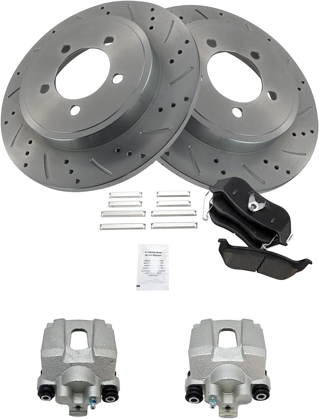 TRQ Performance Rear Brake Pad and Rotor Set Ceramic Coated Slotted Drilled Solid Rotors Calipers Compatible with 2003-2007 Jeep Liberty 2003-2006 Wrangler