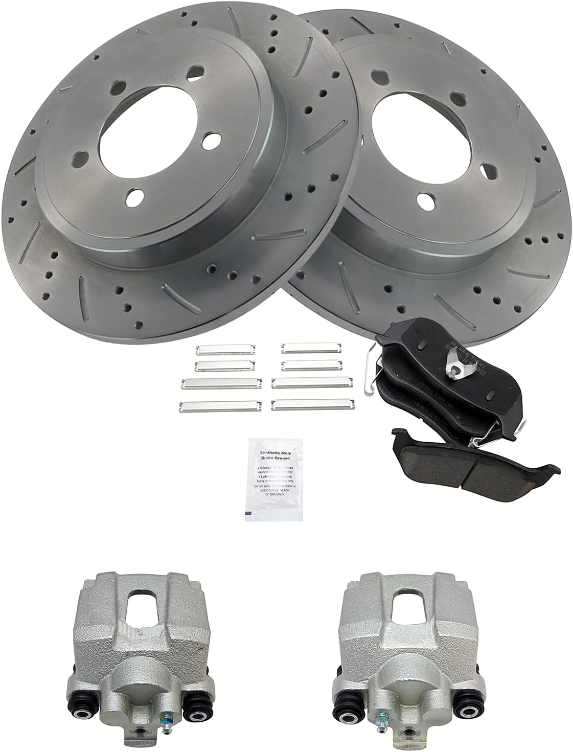 TRQ Performance Rear Brake Pad and Rotor Set Ceramic Coated Slotted Drilled Solid Rotors Calipers Compatible with 2003-2007 Jeep Liberty 2003-2006 Wrangler