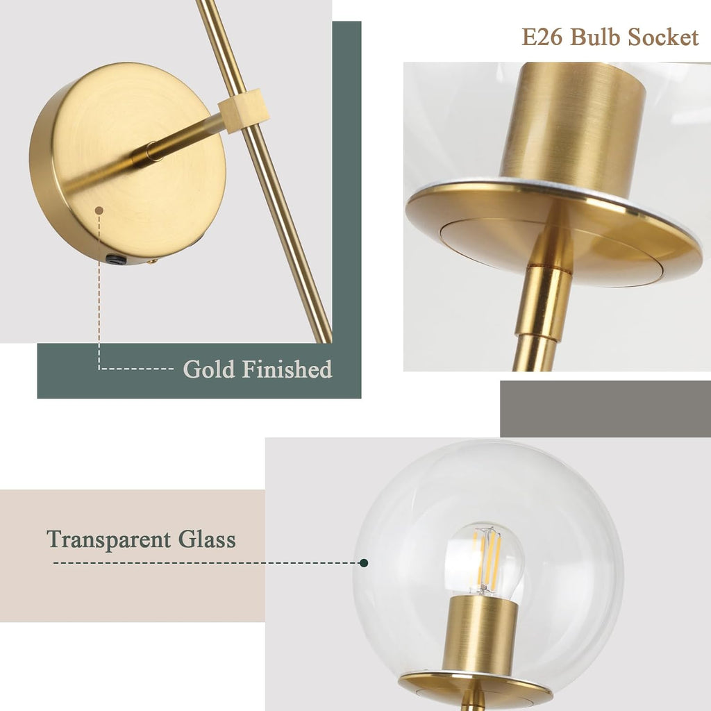 Battery Operated wall Sconce Set of 2 Glass Globe 3000~6000K Rechargeable Wall Light Fixture Wireless Wall Lights with Clear Glass Shade for Living Room, Hallway, Bedroom(2 Pack)