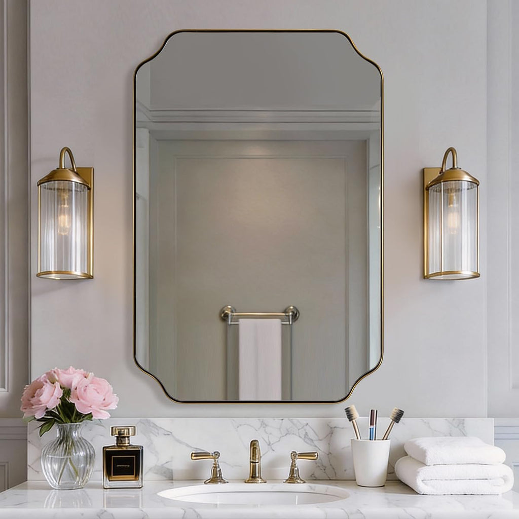 MIRRORART Gold Bathroom Mirrors 24x32 Inch, Brushed Brass Scalloped Mirrors for Bathroom, Notched Corner Rectangle Mirror in 1'' Stainless Steel Metal Frame Hang Vertical/Horizontal Home Remodel