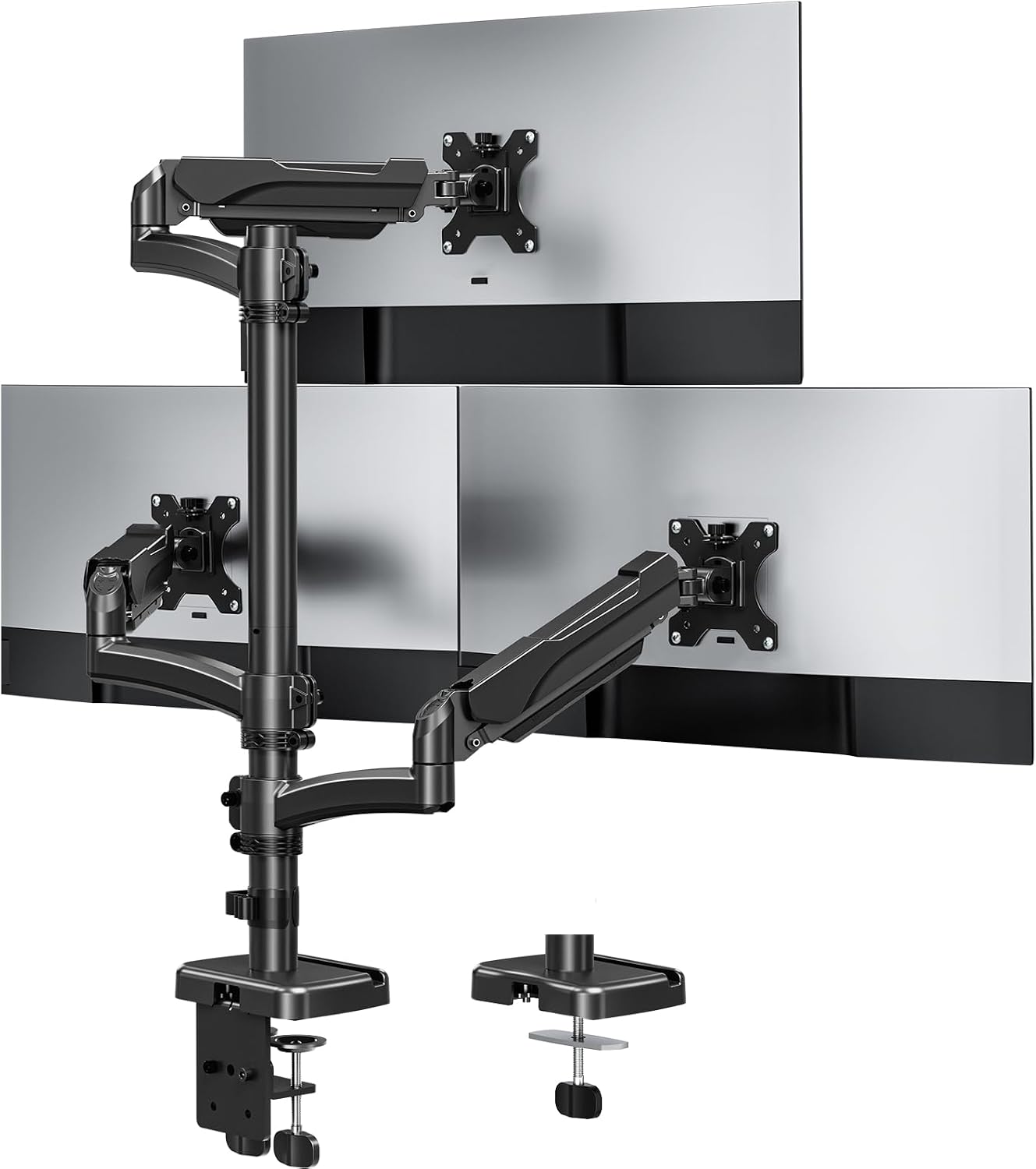Triple Monitor Mount Fits Max 32 Inch Computer Screen, 3 Monitor Desk Mount Holds Up to 19.8lbs, Heavy Duty Gas Spring Arm, 75x75/100x100 Vesa Mount with C-Clamp/Grommet Base