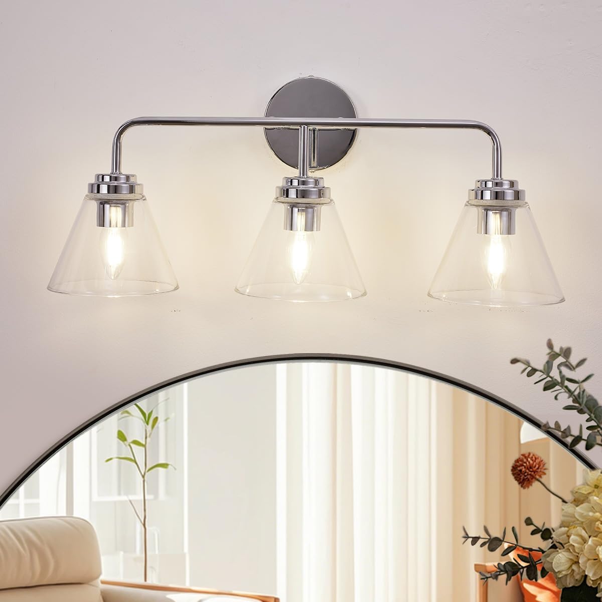 ANDY STAR Vanity Lights for Bathroom 3 Light - Chrome Bathroom Light Fixtures with Clear Cone-Shaped Glass, Polished Modern Geometric Design Wall Lights for Hallway, Bedroom, E26 Base (No Bulbs)