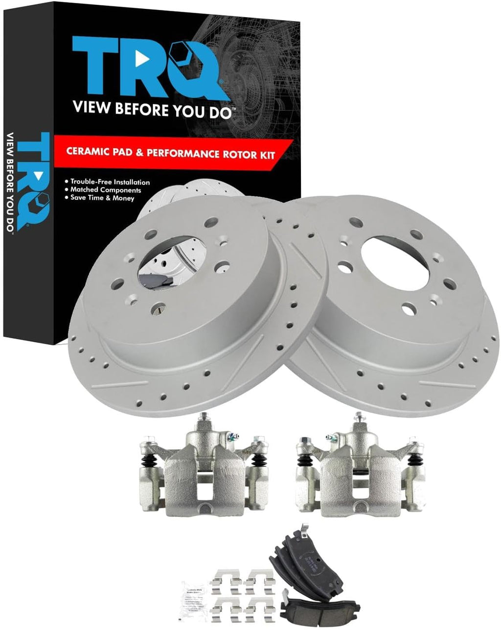 TRQ Performance Rear Brake Pad and Rotor Set Ceramic Coated Drilled Slotted Solid Rotors Calipers Compatible with 2006-2010 Chevrolet Impala 2006-2007 Monte Carlo 2008-2009 Buick LaCrosse