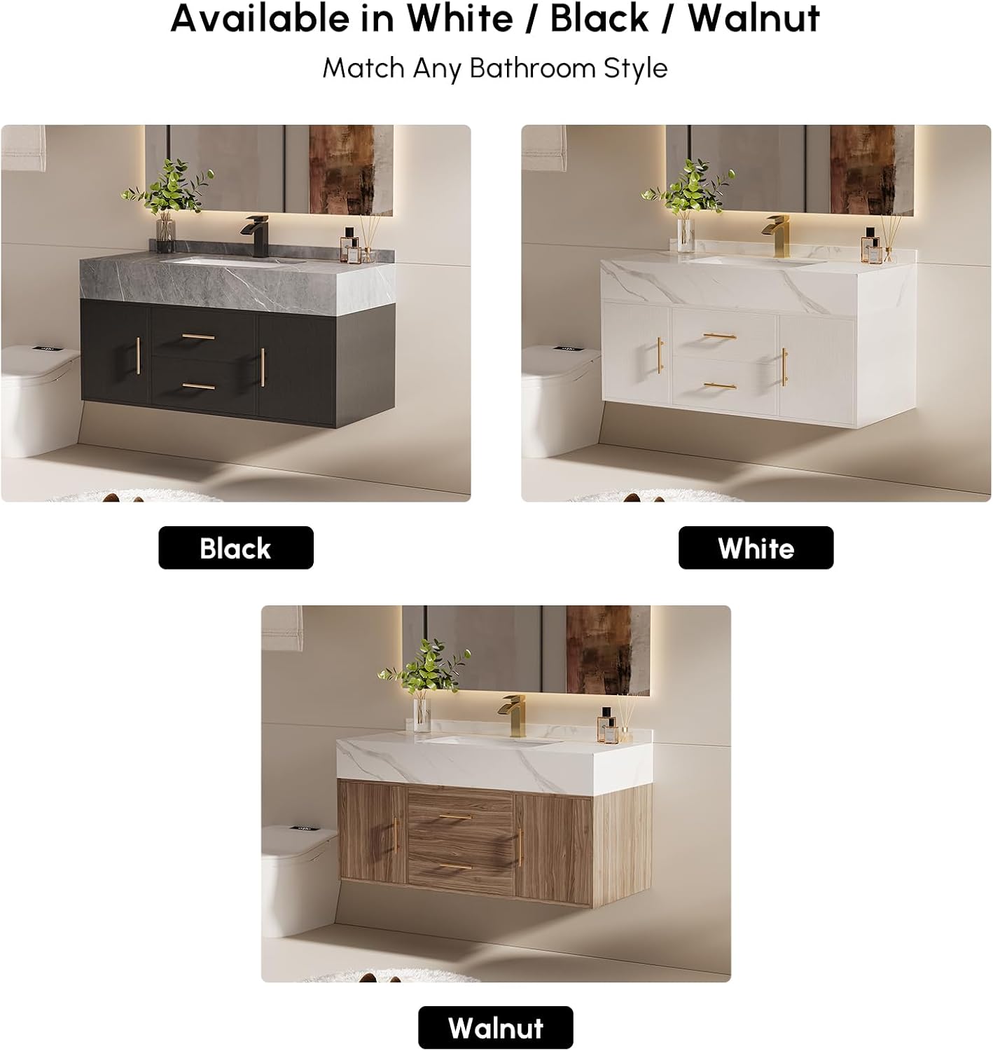 39.3' Floating Bathroom Vanity Set, Modern Wall-Mounted Vanity with Sintered Stone Countertop, Undermount Sink & Walnut Finish, Easy to Clean