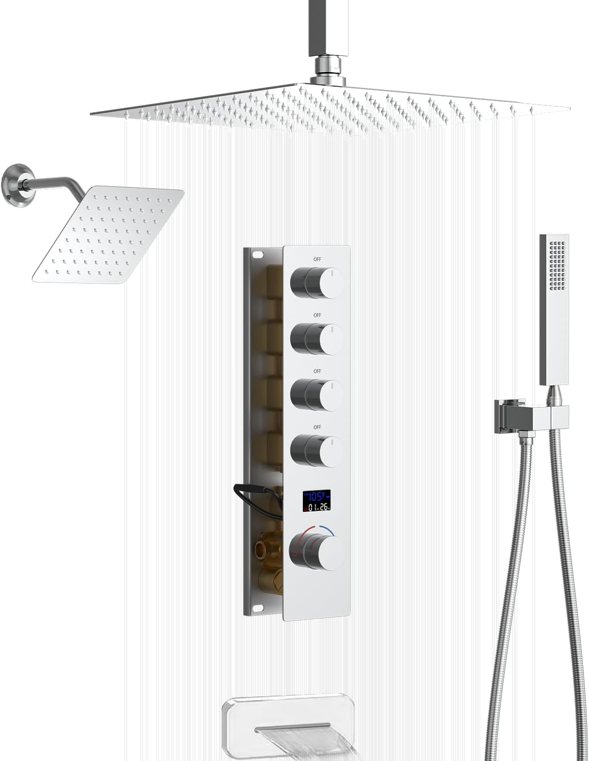 Ceiling Full Body Shower Set Chrome Digital Display Shower Faucet Set With Waterfall Tub Spout Dual Shower Heads Shower System with 12' & 8' Shower Heads and Handheld Sprayer