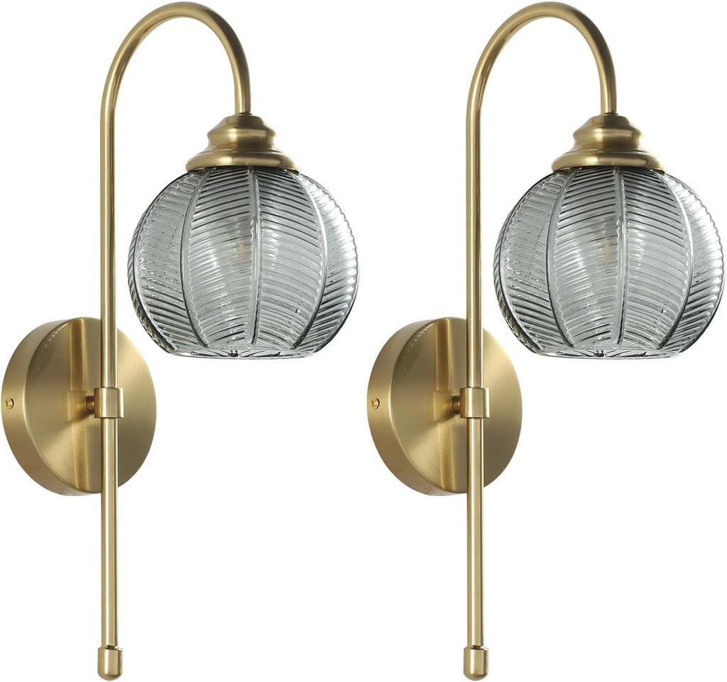 KCO Lighting Brushed Gold Wall Sconce Set of Two Vintage Smoked Glass Wall Lights Mid Century Bathroom Light Sconces Set of 2 Modern Globe Wall Sconce Long Arc Wall Light