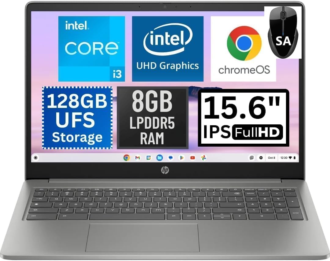 HP Chromebook Plus 15.6 inch FHD Premium AI, Intel Core i3-N305, Intel UHD Graphics, 8GB LPDDR5-4800 MHz, 128GB UFS, Ultra-Fast WiFi 6 Up to 9.6Gbps, SAM, Chrome OS, Dale Silver