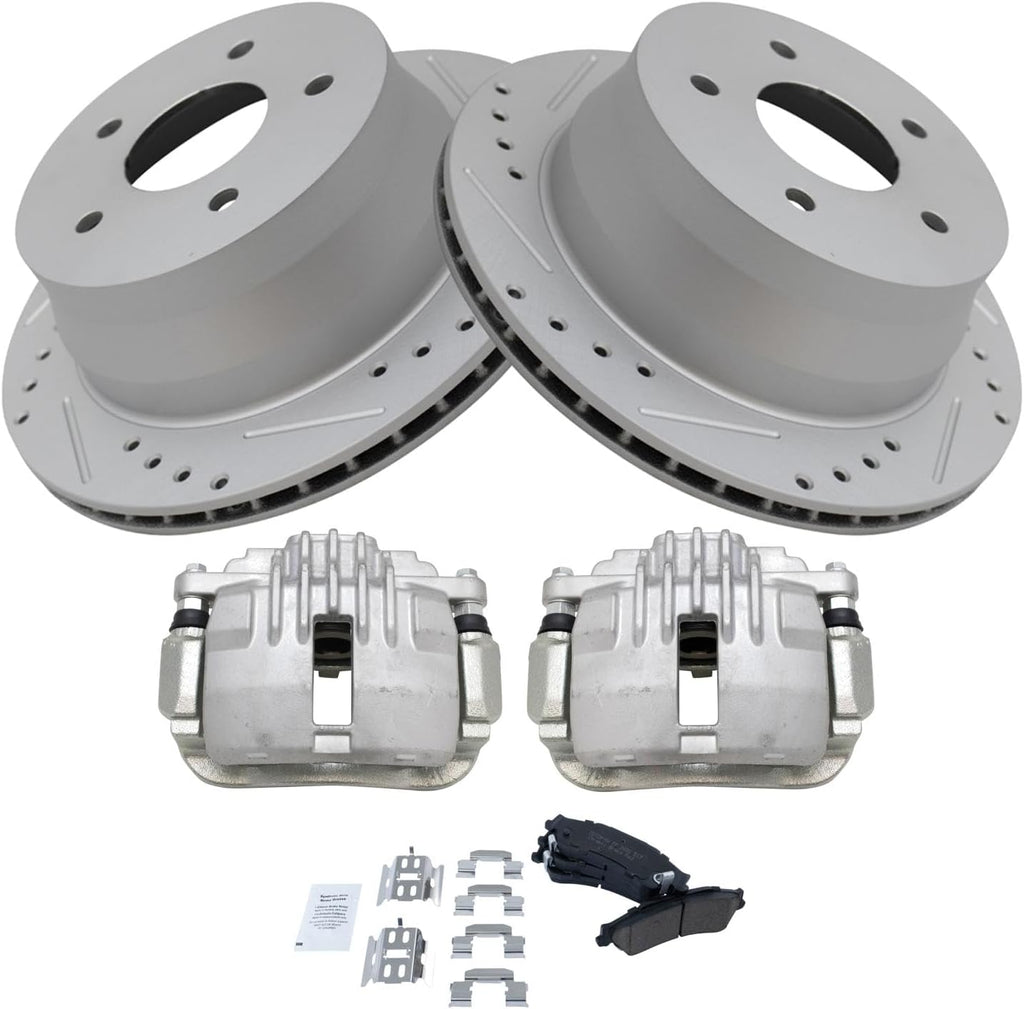 TRQ Performance Rear Brake Pad & Rotor Set Ceramic Drilled Slotted Rotors Calipers Compatible with 98-05 Chevrolet Blazer 98-04 S10 GMC Sonoma 98-01 Jimmy Oldsmobile Bravada 98-00 Isuzu Hombre