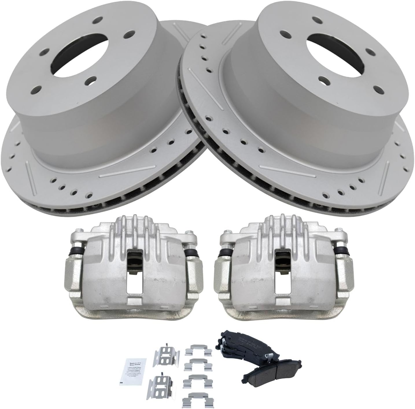 TRQ Performance Rear Brake Pad & Rotor Set Ceramic Drilled Slotted Rotors Calipers Compatible with 98-05 Chevrolet Blazer 98-04 S10 GMC Sonoma 98-01 Jimmy Oldsmobile Bravada 98-00 Isuzu Hombre