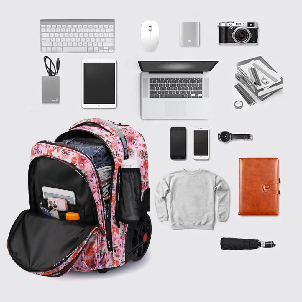 Rolling Backpack 22 Inch Backpack with Wheels for Business, College Student and Travel Commuter, Waterproof Wheeled Backpack (Pink-Flower)