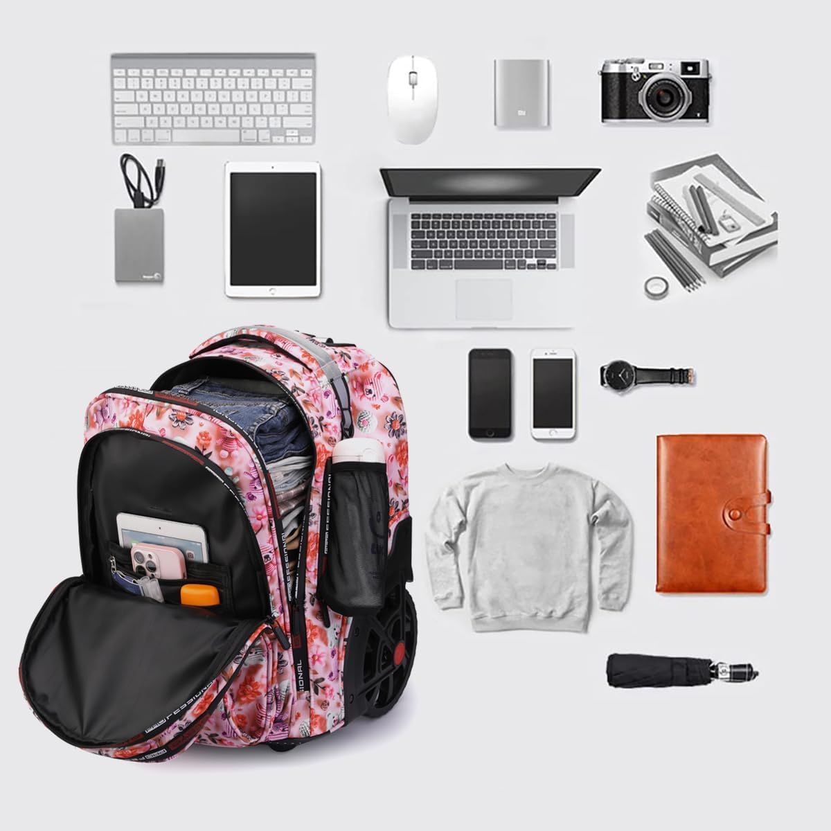 Rolling Backpack 22 Inch Backpack with Wheels for Business, College Student and Travel Commuter, Waterproof Wheeled Backpack (Pink-Flower)
