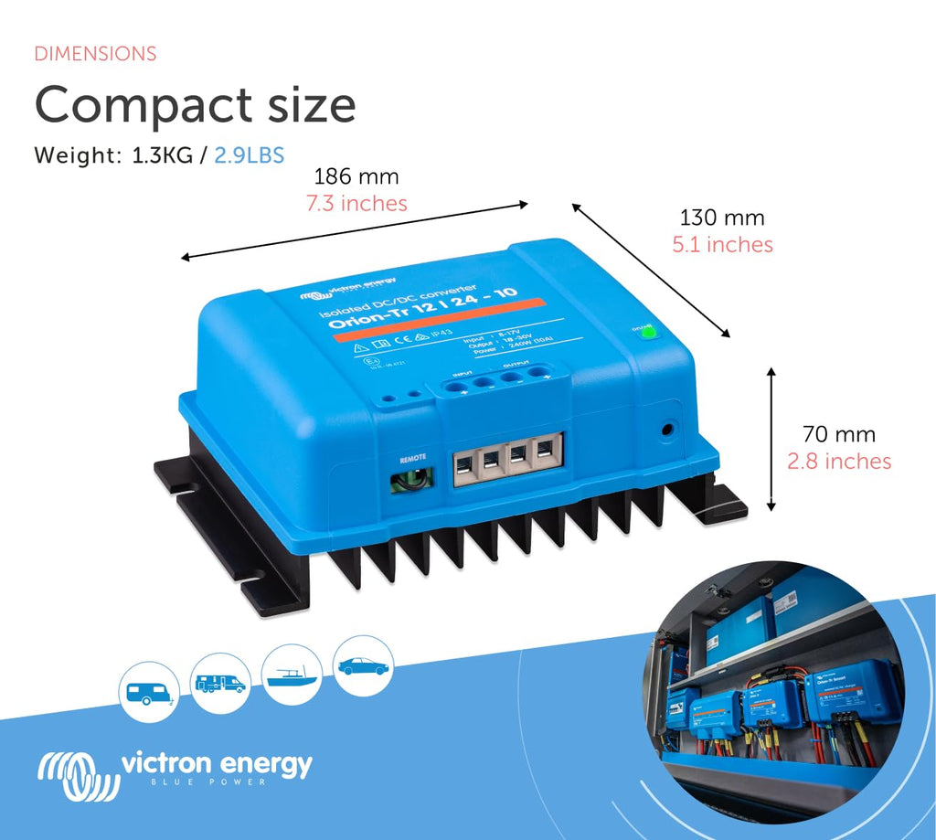 Victron Energy Orion-Tr DC to DC Converter - 12/24-Volt 10 amp 240-Watt - IP43 Protected - for Dual Battery Systems - Isolated