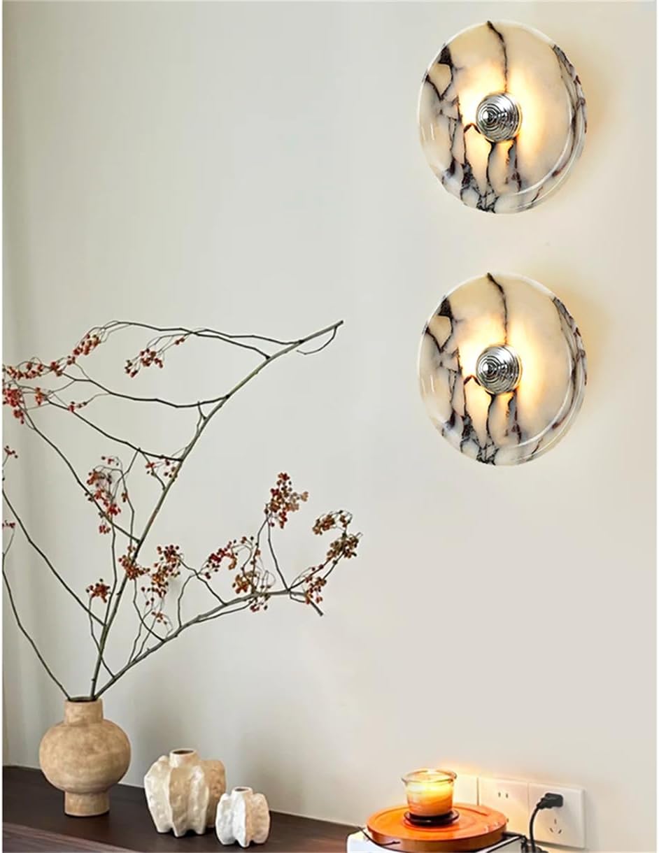 Wabi Vintage Natural Marble Wall Sconce - Circular Alabaster LED Lamp for Bathroom & Home with Gold/Silver Iron Details(Silver)
