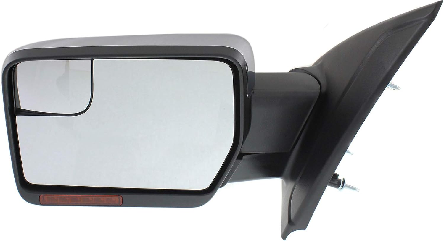 Kool Vue Driver Side Power Heated LED Car Mirror for Ford F-150 2011-2014 Power Fold with Signal Light, Spotter Glass, Memory & Puddle Lamp, Chrome
