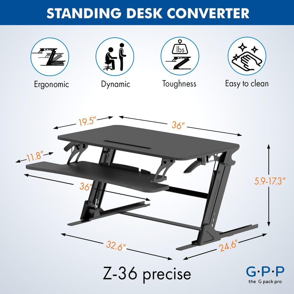 36″ Wide Standing Desk Converter – Sit-to-Stand Workstation for Dual Monitors, Height Adjustable Up to 17.3″ with Large Keyboard Tray – Black