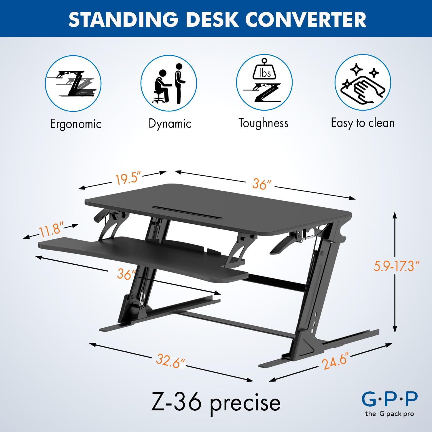 36″ Wide Standing Desk Converter – Sit-to-Stand Workstation for Dual Monitors, Height Adjustable Up to 17.3″ with Large Keyboard Tray – Black