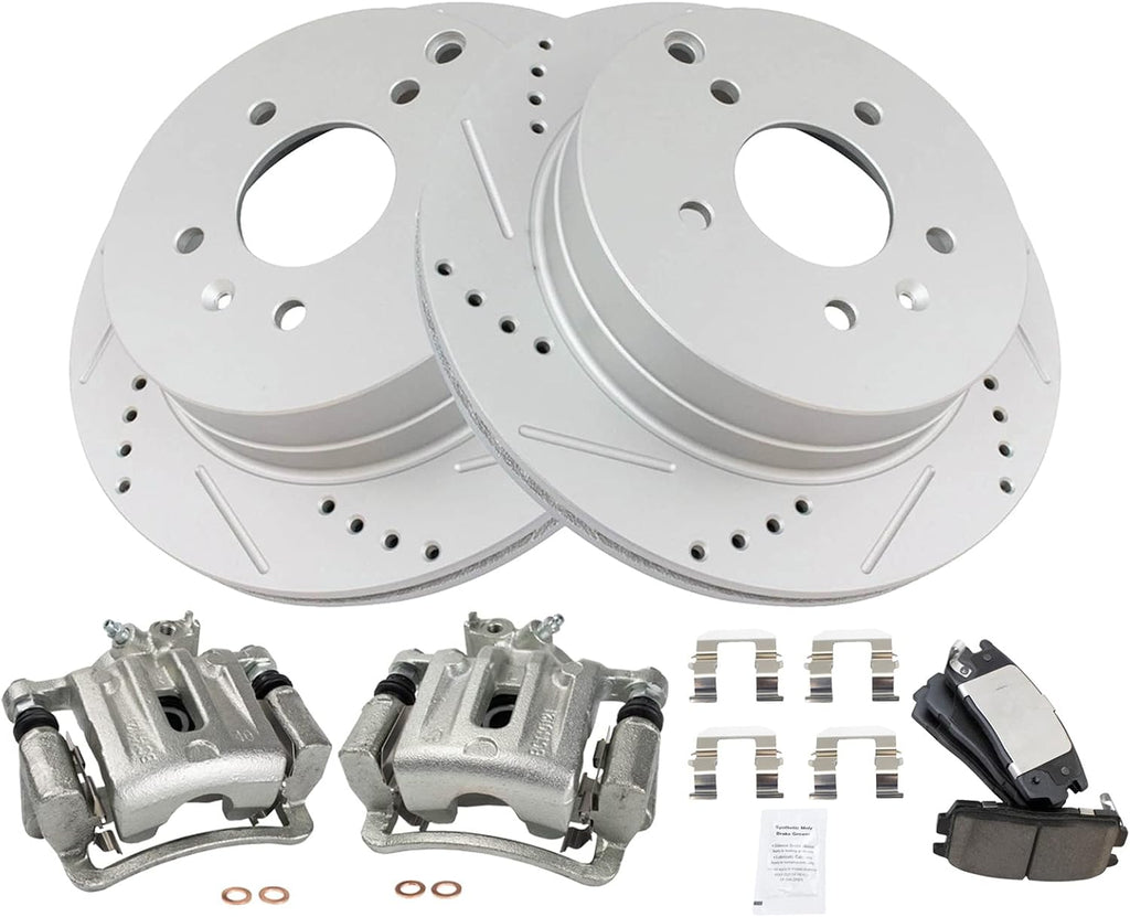 TRQ Performance Rear Brake Pad and Rotor Set Ceramic Vented Coated Rotors Calipers Compatible with 2007-2009 Chevrolet Equinox Pontiac Torrent 2008-2010 Saturn Vue