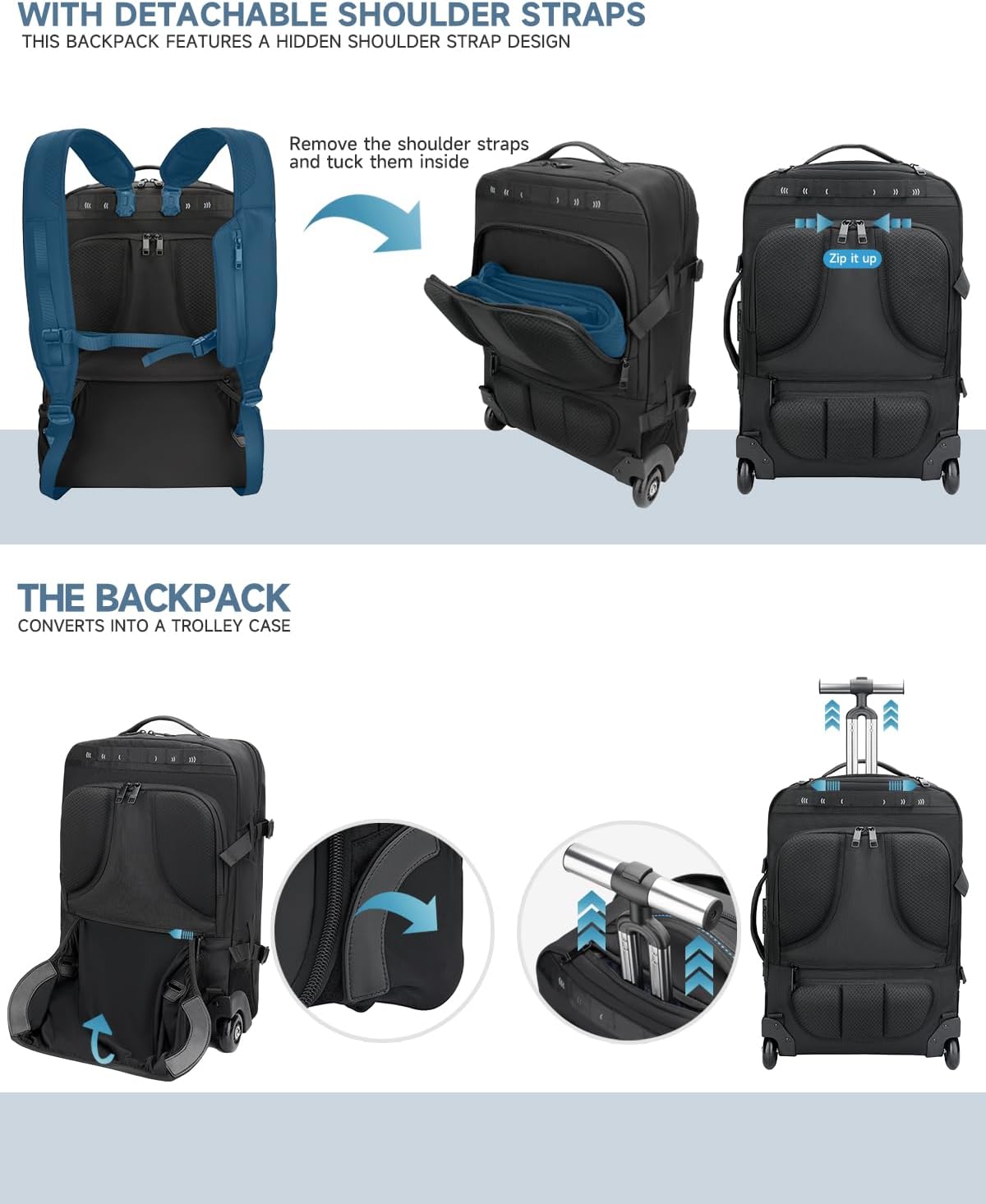 Carry on backpack with wheels, Rolling backpack with Dry-Wet Pocket, TSA Lock, Laptop Compartment, Water-Resistant for Men Women, Work, Air Travel（3-Piece Set-Includes Toiletry & Storage Bag）