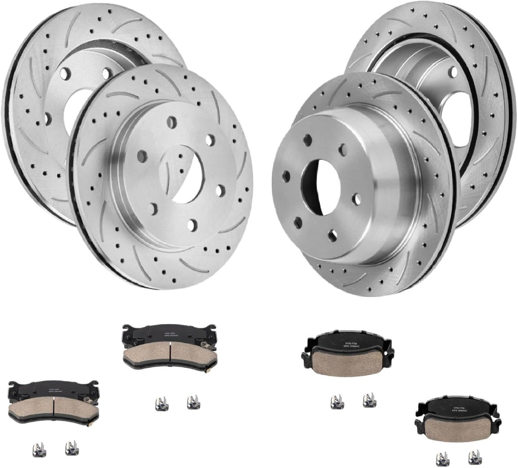 Front Rear Drilled Slotted Brake Rotors and Ceramic Brake Pads Kit, Replacement for Chevy Silverado 1500 1999-2007, Tahoe Suburban, Avalanche GMC Yukon XL 1500, Cadillac Escalade 2002-2006