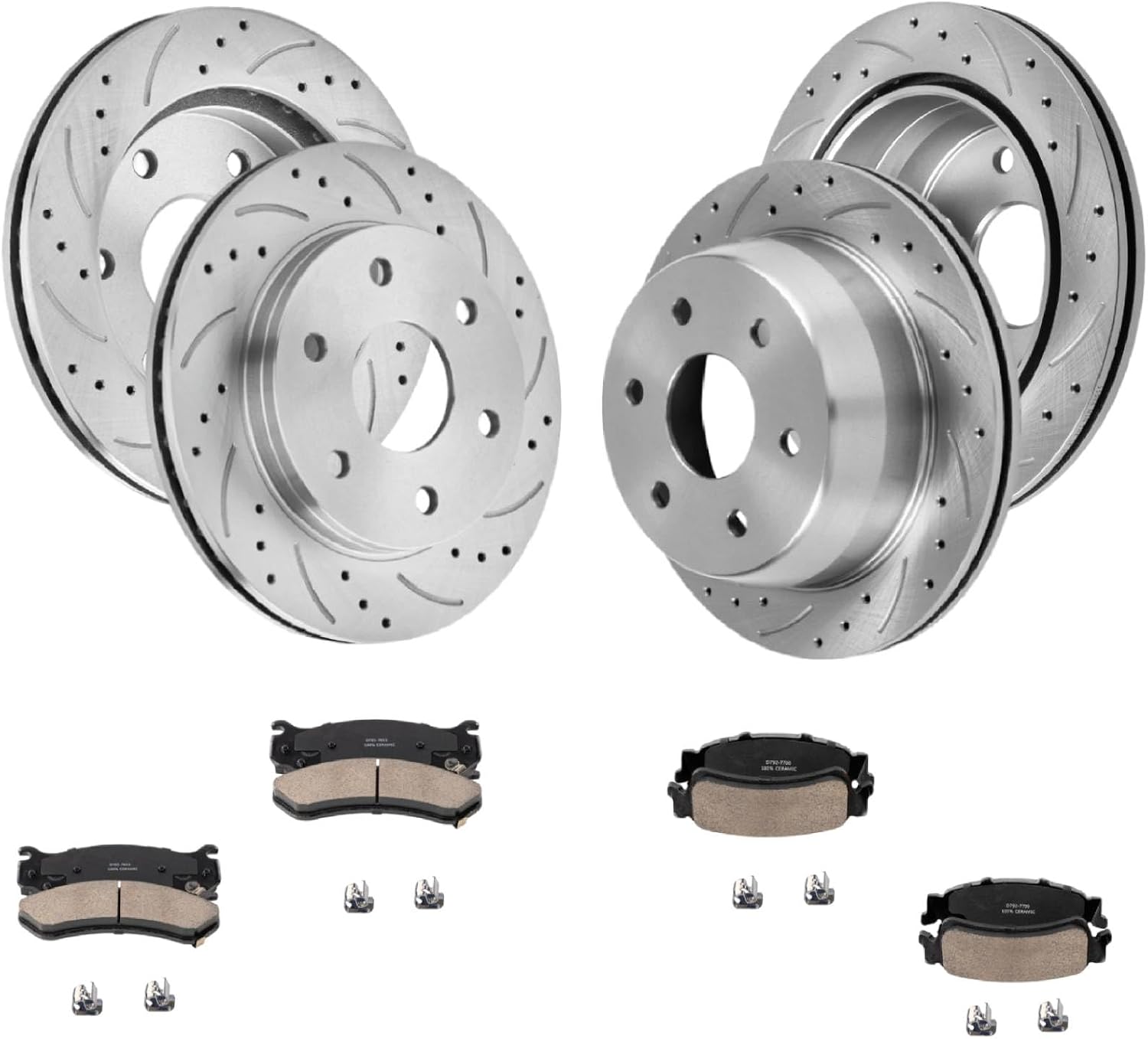 Front Rear Drilled Slotted Brake Rotors and Ceramic Brake Pads Kit, Replacement for Chevy Silverado 1500 1999-2007, Tahoe Suburban, Avalanche GMC Yukon XL 1500, Cadillac Escalade 2002-2006