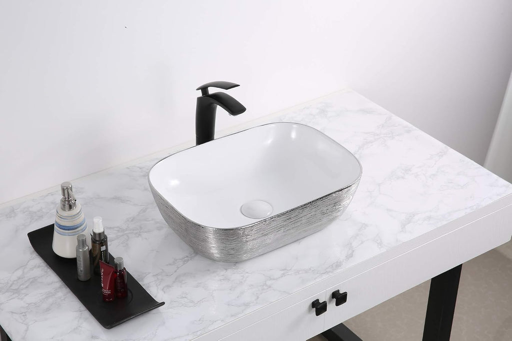 Ruvati 20 x 16 inch Bathroom Vessel Sink Silver Decorative Art Above Vanity Counter White Ceramic Vessel Sink - RVB2016WS | Rectangle Sink, Small Vessel Sinks, Bathroom Sink Countertop