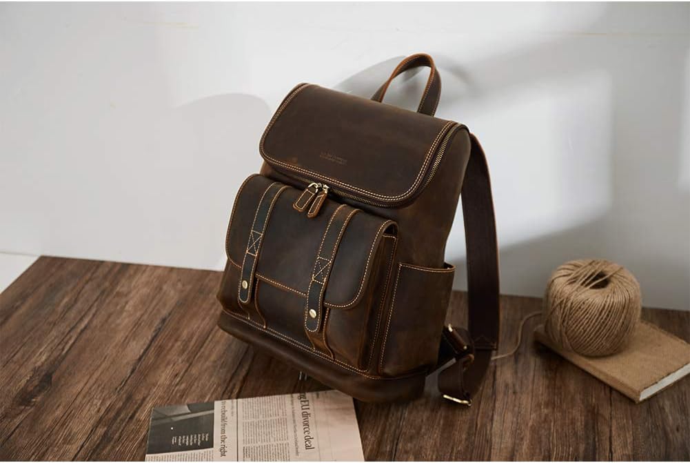 BOSTANTEN Leather Backpack for Men 15.6 inch Laptop Backpack Vintage Travel Office Bag Large Capacity Shoulder Bag Coffee