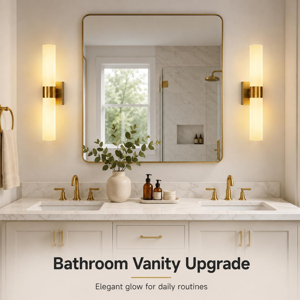 DORESshop Wall Sconce Set of 2, Modern Vanity Lights with Frosted Glass Shade, Sconces Wall Decor Set of 2 for Bathrooms Living Room Stairs Bedroom, Gold, 17.7in
