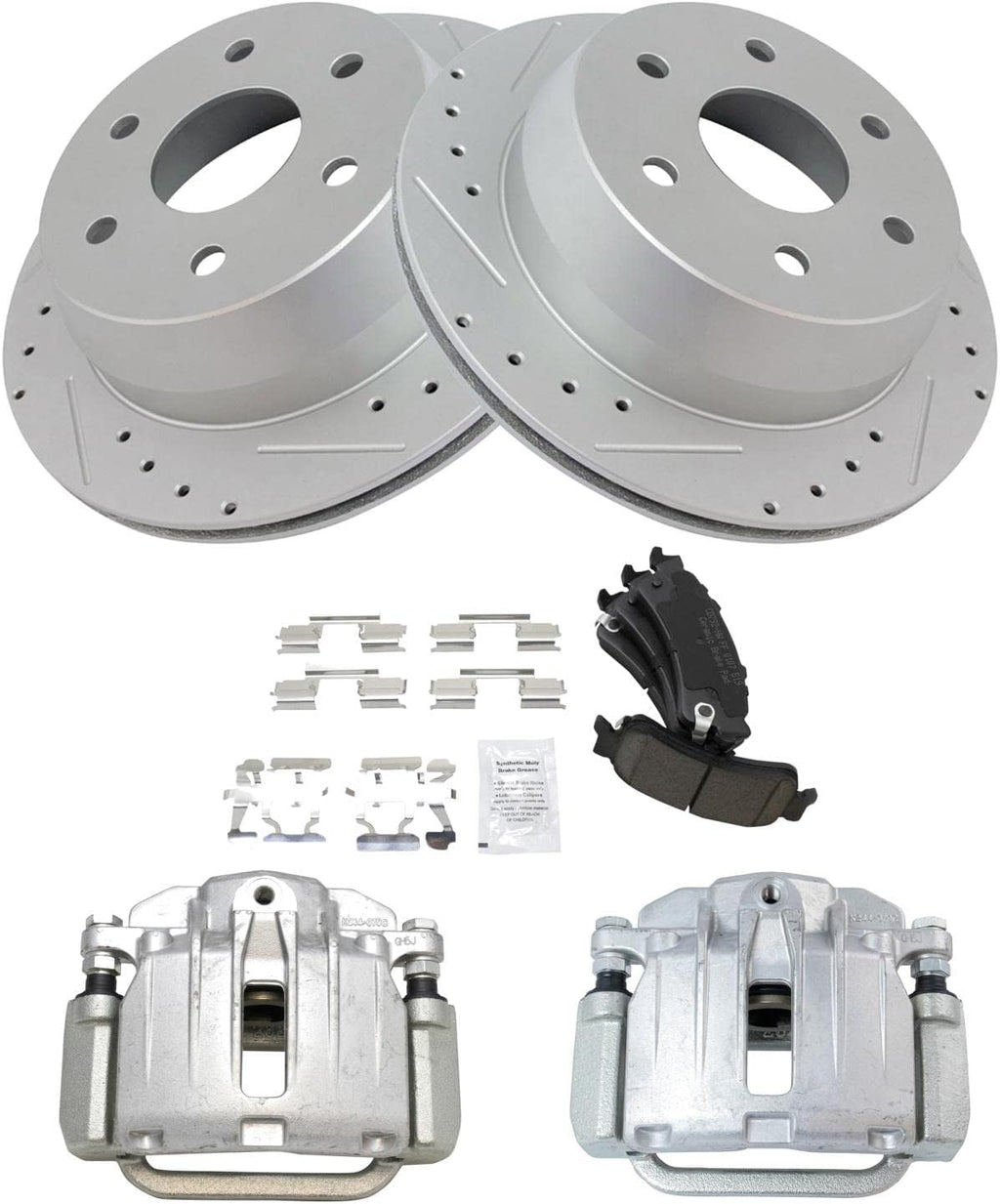 TRQ Performance Rear Brake Pad & Rotor Kit Ceramic Premium G-Coated Slotted X Drilled Compatible with 2003-2006 Chevrolet Silverado 1500 2007 Silverado 1500 Classic GMC Sierra 1500 Sierra 1500 Classic